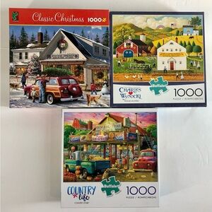 Lot of 3 Americana 1000 Piece Puzzle Christmas Country Life Wysocki